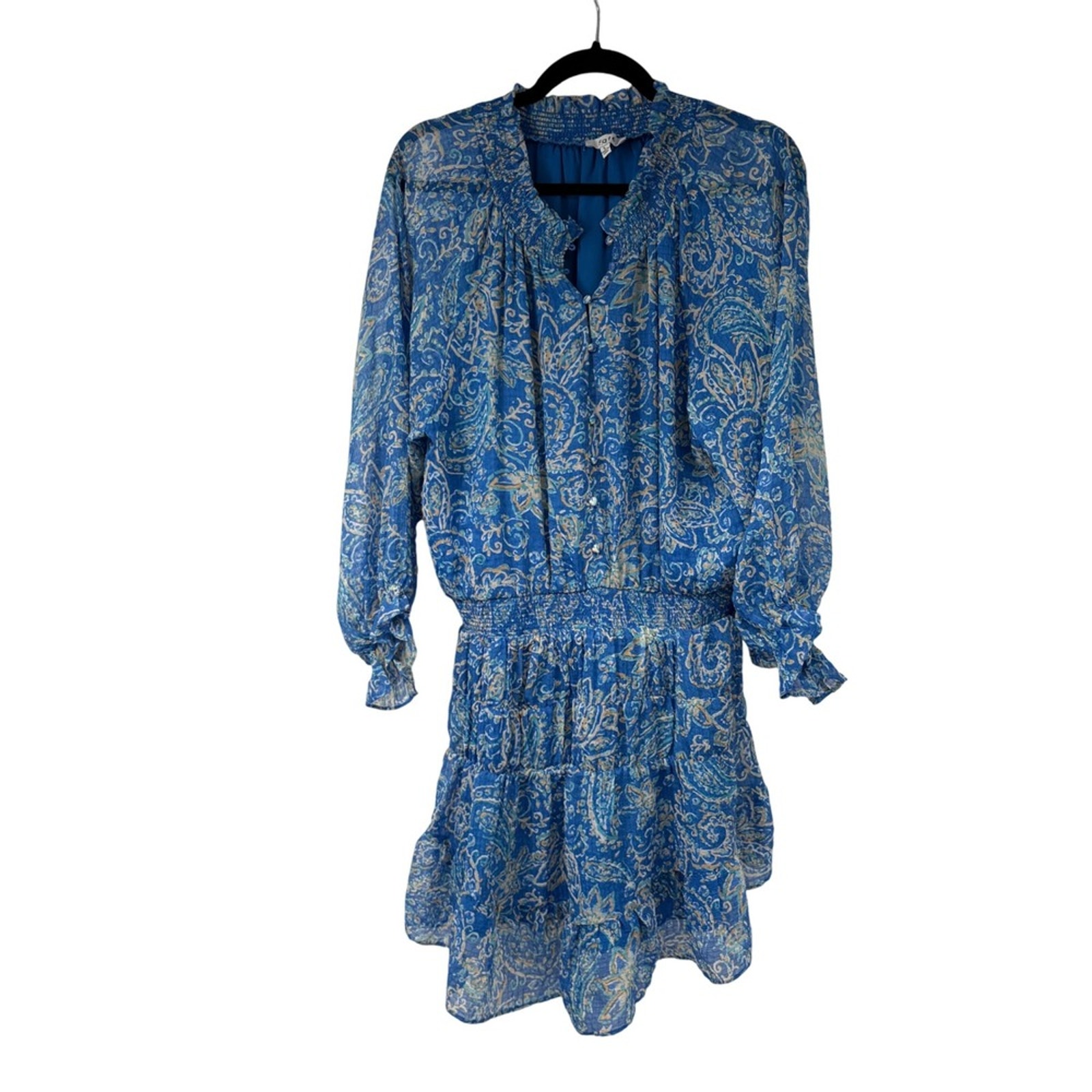 Fate Blue Paisley Print Smocked Tiered Mini Dress Long Sleeve Women's Size L
